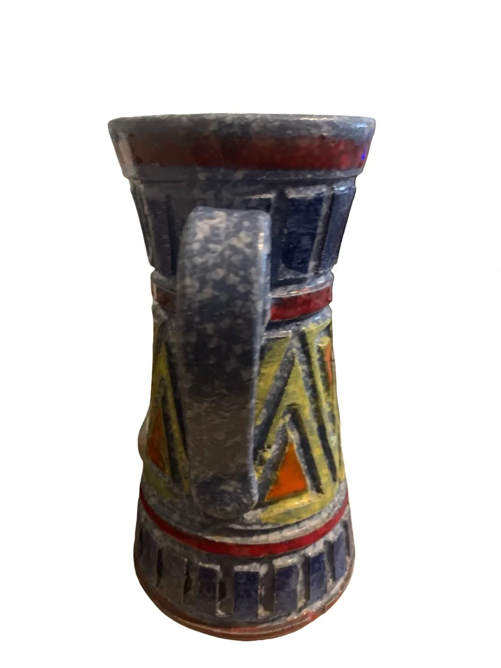 Leon Aldo Bitossi Style Blue Yellow Ceramic Pitcher 7” Triangle Pottery Italy
